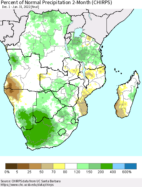 Southern Africa Percent of Normal Precipitation 2-Month (CHIRPS) Thematic Map For 12/1/2021 - 1/31/2022