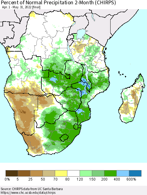 Southern Africa Percent of Normal Precipitation 2-Month (CHIRPS) Thematic Map For 4/1/2022 - 5/31/2022