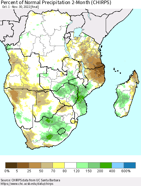 Southern Africa Percent of Normal Precipitation 2-Month (CHIRPS) Thematic Map For 10/1/2022 - 11/30/2022