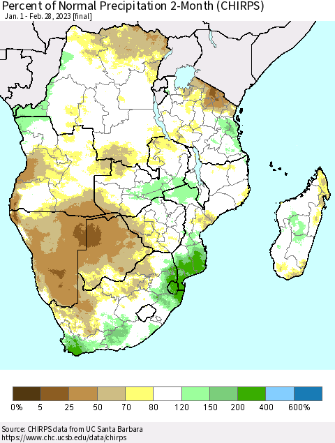 Southern Africa Percent of Normal Precipitation 2-Month (CHIRPS) Thematic Map For 1/1/2023 - 2/28/2023