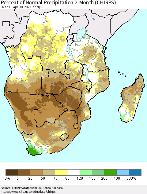 Southern Africa Percent of Normal Precipitation 2-Month (CHIRPS) Thematic Map For 3/1/2023 - 4/30/2023