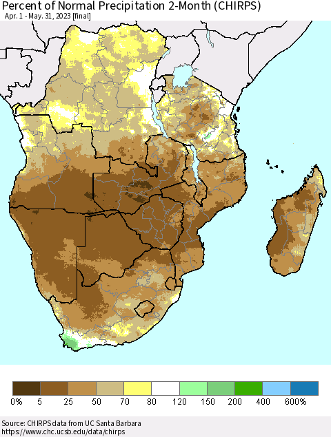 Southern Africa Percent of Normal Precipitation 2-Month (CHIRPS) Thematic Map For 4/1/2023 - 5/31/2023