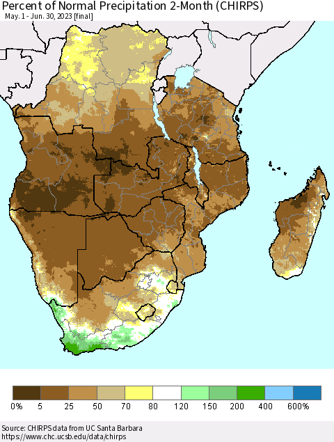 Southern Africa Percent of Normal Precipitation 2-Month (CHIRPS) Thematic Map For 5/1/2023 - 6/30/2023