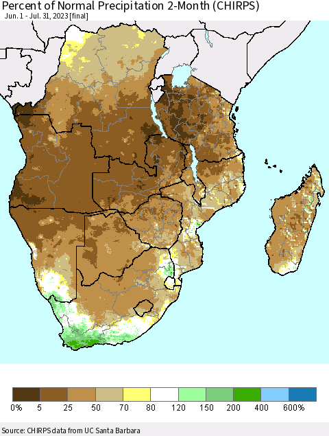 Southern Africa Percent of Normal Precipitation 2-Month (CHIRPS) Thematic Map For 6/1/2023 - 7/31/2023