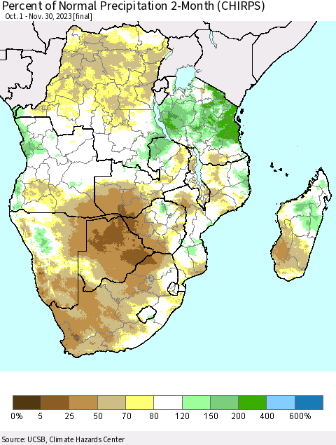 Southern Africa Percent of Normal Precipitation 2-Month (CHIRPS) Thematic Map For 10/1/2023 - 11/30/2023