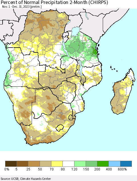 Southern Africa Percent of Normal Precipitation 2-Month (CHIRPS) Thematic Map For 11/1/2023 - 12/31/2023