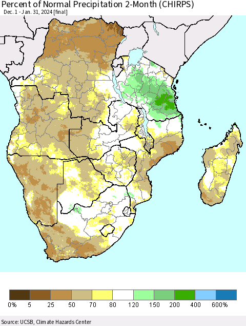 Southern Africa Percent of Normal Precipitation 2-Month (CHIRPS) Thematic Map For 12/1/2023 - 1/31/2024