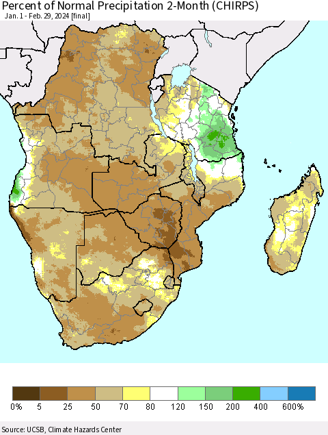 Southern Africa Percent of Normal Precipitation 2-Month (CHIRPS) Thematic Map For 1/1/2024 - 2/29/2024