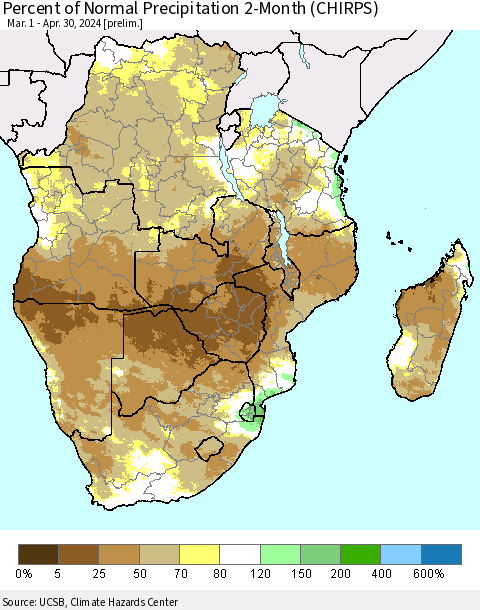 Southern Africa Percent of Normal Precipitation 2-Month (CHIRPS) Thematic Map For 3/1/2024 - 4/30/2024