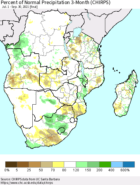 Southern Africa Percent of Normal Precipitation 3-Month (CHIRPS) Thematic Map For 7/1/2021 - 9/30/2021