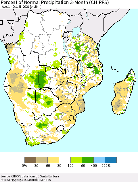 Southern Africa Percent of Normal Precipitation 3-Month (CHIRPS) Thematic Map For 8/1/2021 - 10/31/2021