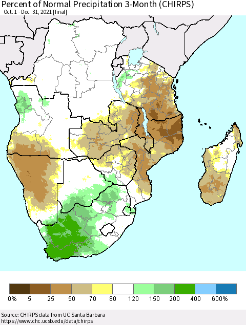 Southern Africa Percent of Normal Precipitation 3-Month (CHIRPS) Thematic Map For 10/1/2021 - 12/31/2021