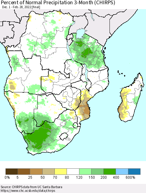 Southern Africa Percent of Normal Precipitation 3-Month (CHIRPS) Thematic Map For 12/1/2021 - 2/28/2022