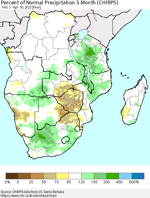 Southern Africa Percent of Normal Precipitation 3-Month (CHIRPS) Thematic Map For 2/1/2022 - 4/30/2022