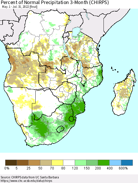 Southern Africa Percent of Normal Precipitation 3-Month (CHIRPS) Thematic Map For 5/1/2022 - 7/31/2022