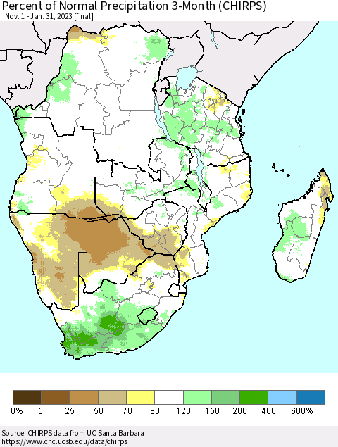 Southern Africa Percent of Normal Precipitation 3-Month (CHIRPS) Thematic Map For 11/1/2022 - 1/31/2023
