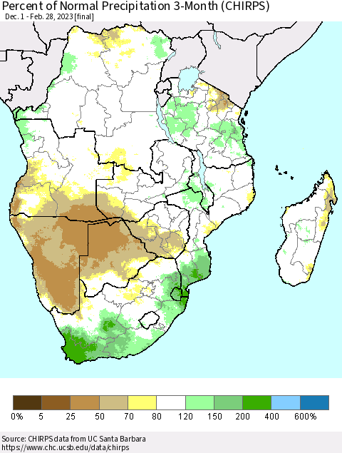 Southern Africa Percent of Normal Precipitation 3-Month (CHIRPS) Thematic Map For 12/1/2022 - 2/28/2023