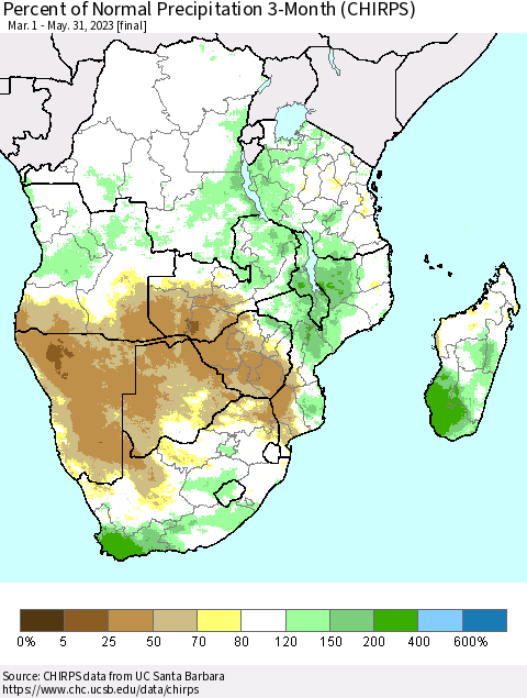 Southern Africa Percent of Normal Precipitation 3-Month (CHIRPS) Thematic Map For 3/1/2023 - 5/31/2023