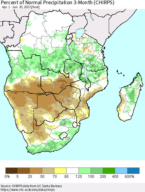 Southern Africa Percent of Normal Precipitation 3-Month (CHIRPS) Thematic Map For 4/1/2023 - 6/30/2023