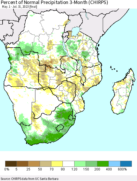 Southern Africa Percent of Normal Precipitation 3-Month (CHIRPS) Thematic Map For 5/1/2023 - 7/31/2023