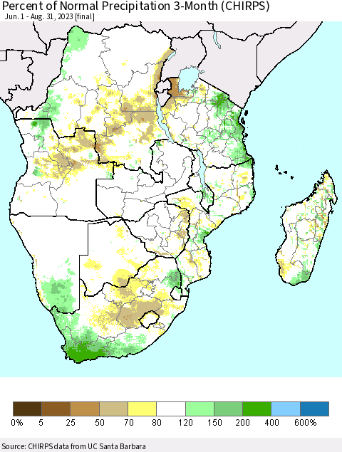 Southern Africa Percent of Normal Precipitation 3-Month (CHIRPS) Thematic Map For 6/1/2023 - 8/31/2023