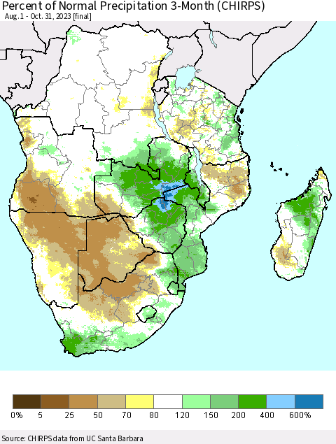 Southern Africa Percent of Normal Precipitation 3-Month (CHIRPS) Thematic Map For 8/1/2023 - 10/31/2023