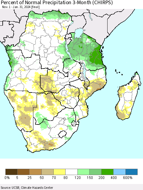 Southern Africa Percent of Normal Precipitation 3-Month (CHIRPS) Thematic Map For 11/1/2023 - 1/31/2024