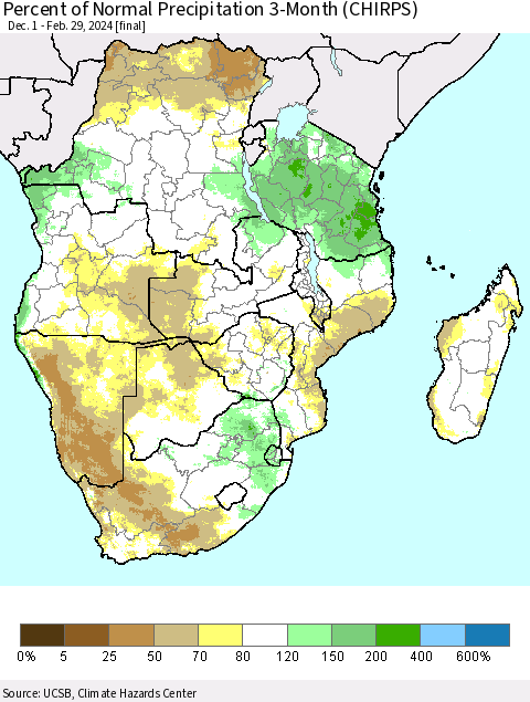 Southern Africa Percent of Normal Precipitation 3-Month (CHIRPS) Thematic Map For 12/1/2023 - 2/29/2024
