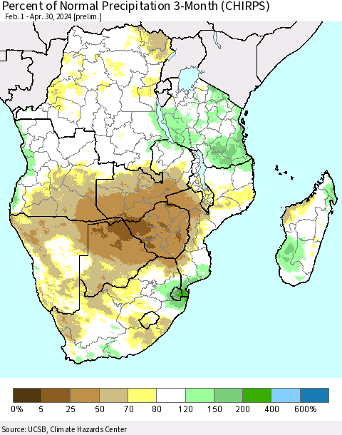 Southern Africa Percent of Normal Precipitation 3-Month (CHIRPS) Thematic Map For 2/1/2024 - 4/30/2024