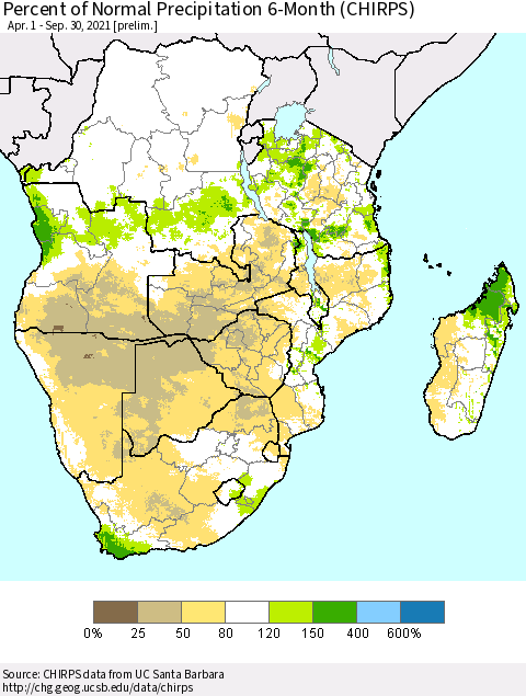 Southern Africa Percent of Normal Precipitation 6-Month (CHIRPS) Thematic Map For 4/1/2021 - 9/30/2021