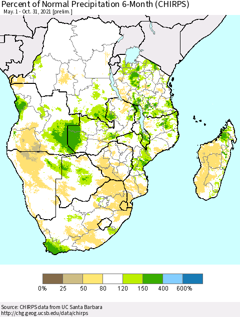 Southern Africa Percent of Normal Precipitation 6-Month (CHIRPS) Thematic Map For 5/1/2021 - 10/31/2021