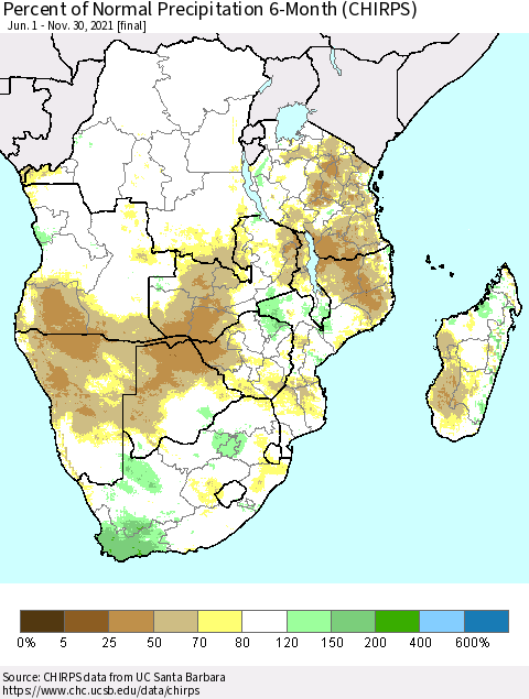 Southern Africa Percent of Normal Precipitation 6-Month (CHIRPS) Thematic Map For 6/1/2021 - 11/30/2021