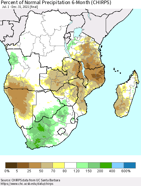 Southern Africa Percent of Normal Precipitation 6-Month (CHIRPS) Thematic Map For 7/1/2021 - 12/31/2021