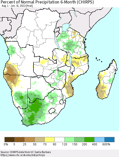 Southern Africa Percent of Normal Precipitation 6-Month (CHIRPS) Thematic Map For 8/1/2021 - 1/31/2022