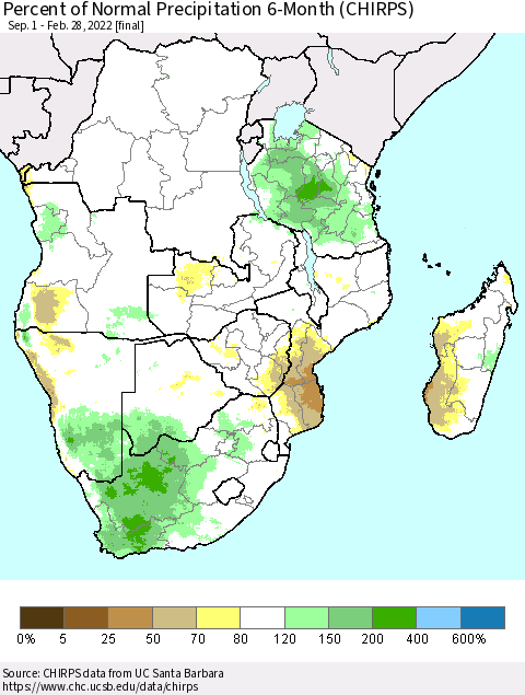 Southern Africa Percent of Normal Precipitation 6-Month (CHIRPS) Thematic Map For 9/1/2021 - 2/28/2022