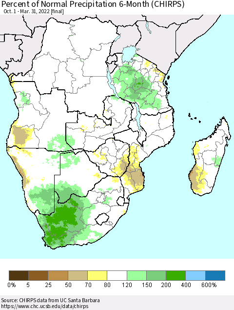 Southern Africa Percent of Normal Precipitation 6-Month (CHIRPS) Thematic Map For 10/1/2021 - 3/31/2022