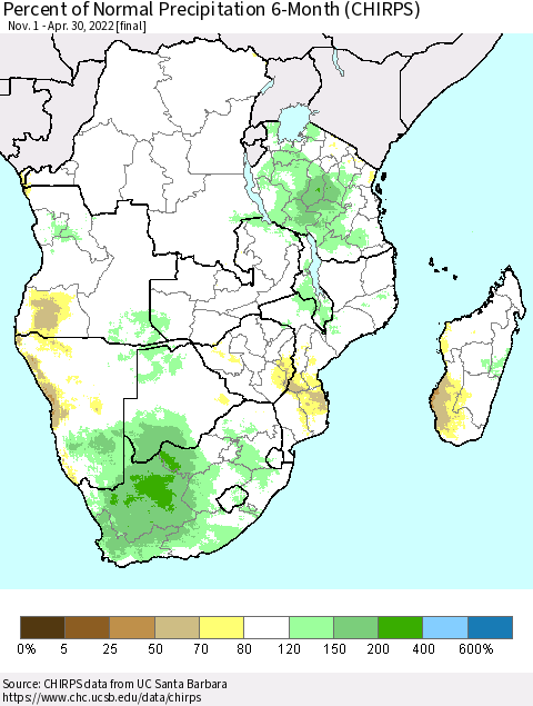 Southern Africa Percent of Normal Precipitation 6-Month (CHIRPS) Thematic Map For 11/1/2021 - 4/30/2022