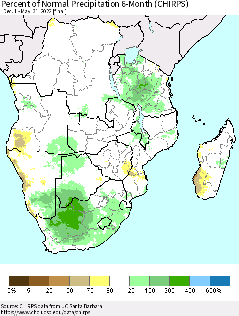 Southern Africa Percent of Normal Precipitation 6-Month (CHIRPS) Thematic Map For 12/1/2021 - 5/31/2022