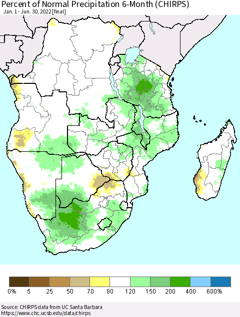 Southern Africa Percent of Normal Precipitation 6-Month (CHIRPS) Thematic Map For 1/1/2022 - 6/30/2022