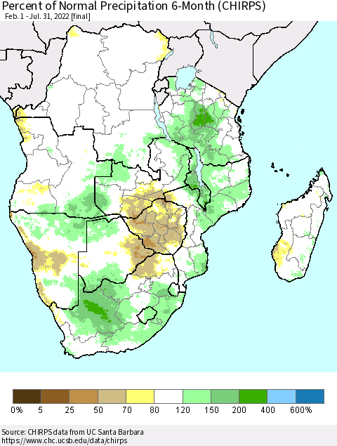 Southern Africa Percent of Normal Precipitation 6-Month (CHIRPS) Thematic Map For 2/1/2022 - 7/31/2022
