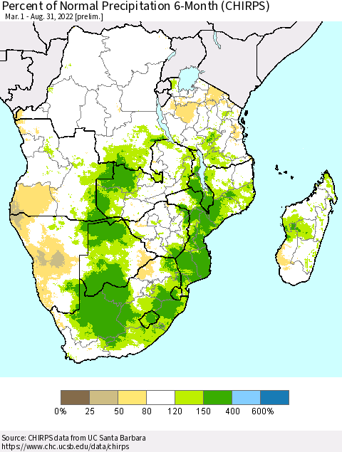 Southern Africa Percent of Normal Precipitation 6-Month (CHIRPS) Thematic Map For 3/1/2022 - 8/31/2022