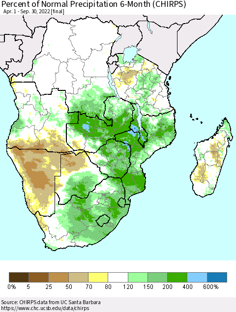 Southern Africa Percent of Normal Precipitation 6-Month (CHIRPS) Thematic Map For 4/1/2022 - 9/30/2022