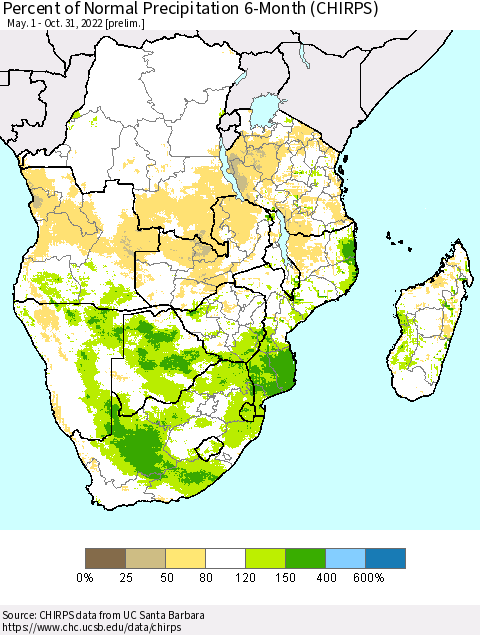 Southern Africa Percent of Normal Precipitation 6-Month (CHIRPS) Thematic Map For 5/1/2022 - 10/31/2022