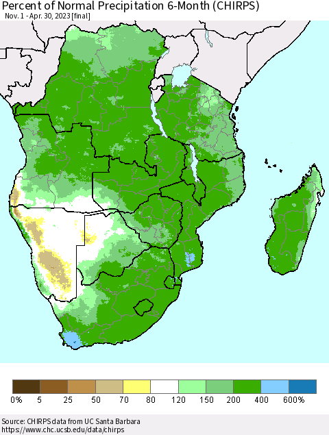 Southern Africa Percent of Normal Precipitation 6-Month (CHIRPS) Thematic Map For 11/1/2022 - 4/30/2023