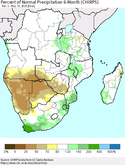 Southern Africa Percent of Normal Precipitation 6-Month (CHIRPS) Thematic Map For 12/1/2022 - 5/31/2023
