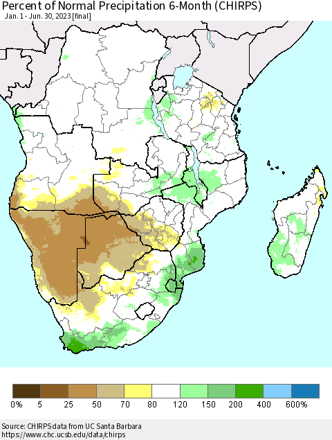 Southern Africa Percent of Normal Precipitation 6-Month (CHIRPS) Thematic Map For 1/1/2023 - 6/30/2023