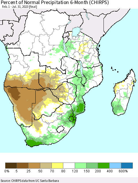 Southern Africa Percent of Normal Precipitation 6-Month (CHIRPS) Thematic Map For 2/1/2023 - 7/31/2023