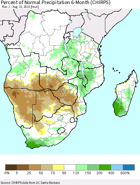 Southern Africa Percent of Normal Precipitation 6-Month (CHIRPS) Thematic Map For 3/1/2023 - 8/31/2023