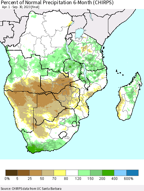 Southern Africa Percent of Normal Precipitation 6-Month (CHIRPS) Thematic Map For 4/1/2023 - 9/30/2023