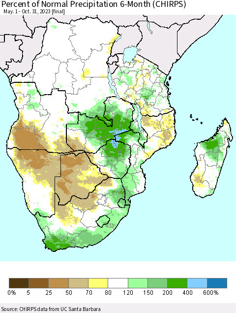 Southern Africa Percent of Normal Precipitation 6-Month (CHIRPS) Thematic Map For 5/1/2023 - 10/31/2023